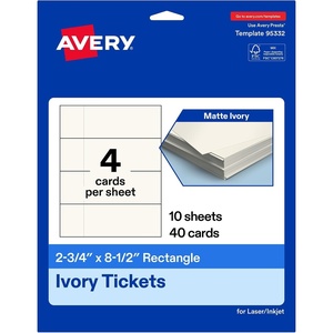 Avery Printable Rectangle Tickets, 2-3/4″ x 8-1/2″, Matte Ivory Cardstock, Laser/Inkjet Printable, 200 Total(40 cards)