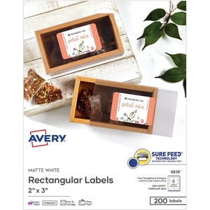 Avery Printable Rectangular Labels, Sure Feed Technology, 2″ x 3″, Matte White, Permanent Adhesive, Laser/Inkjet Printable, 200 Blank Labels, Great for Product Merchandising, Stickers, and More (5619)