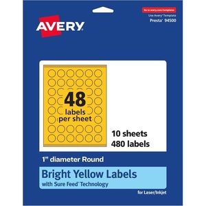 Avery Printable Round Labels, Sure Feed Technology, 1″ Diameter, Bright Yellow Labels, Print-to-The-Edge, Laser/Inkjet, 480 Total, Great for Price Stickers and Mailing Seals(480 labels)