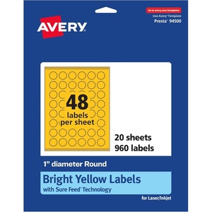 Avery Printable Round Labels, Sure Feed Technology, 1″ Diameter, Bright Yellow Labels, Print-to-The-Edge, Laser/Inkjet, 480 Total, Great for Price Stickers and Mailing Seals(960 labels)
