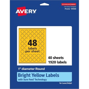 Avery Printable Round Labels, Sure Feed Technology, 1″ Diameter, Bright Yellow Labels, Print-to-The-Edge, Laser/Inkjet, 480 Total, Great for Price Stickers and Mailing Seals(1 920 labels)