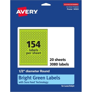 Avery Printable Round Labels, Sure Feed Technology, 1/2″ Diameter, Bright Green Labels, Print-to-The-Edge, Laser/Inkjet, 1,540 Total, Great for Price Stickers and Mailing Seals(3 080 labels)