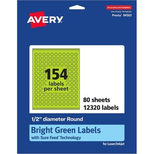 Avery Printable Round Labels, Sure Feed Technology, 1/2″ Diameter, Bright Green Labels, Print-to-The-Edge, Laser/Inkjet, 1,540 Total, Great for Price Stickers and Mailing Seals(12 320 labels)