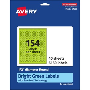 Avery Printable Round Labels, Sure Feed Technology, 1/2″ Diameter, Bright Green Labels, Print-to-The-Edge, Laser/Inkjet, 1,540 Total, Great for Price Stickers and Mailing Seals(6 160 labels)