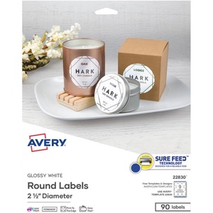 Avery Printable Round Labels, Sure Feed Technology, 2.5″ Diameter, Glossy White, 90 Customizable Labels (22830)