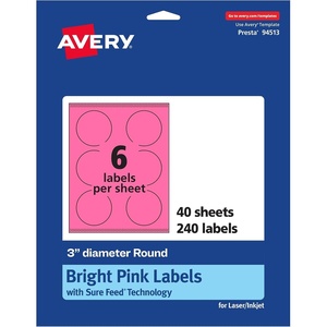 Avery Printable Round Labels, Sure Feed Technology, 3″ Diameter, Bright Pink Labels, Print-to-The-Edge, Laser/Inkjet Printable, 60 Total, Great for Soaps and Packaging(240 labels)