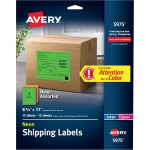 Avery Printable Shipping Labels, 8-1/2″ x 11″, Assorted Neon Colors (Magenta, Green, and Yellow), Laser & Inkjet Compatible, 15 Blank Labels Total (5975)(Assorted)