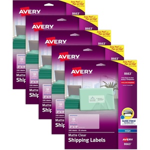 Avery Printable Shipping Labels with Sure Feed, 2″ x 4″ Customizable Stickers, Matte Clear, 250 Blank Mailing Labels, Great for Mailing, Shipping, and More (8663)(5 Packs)