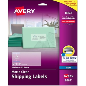 Avery Printable Shipping Labels with Sure Feed, 2″ x 4″ Customizable Stickers, Matte Clear, 250 Blank Mailing Labels, Great for Mailing, Shipping, and More (8663)(Shipping Labels)