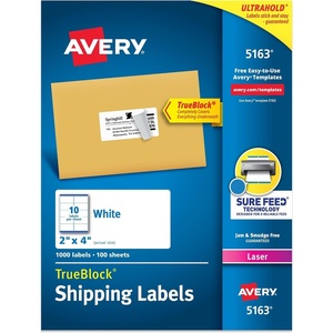 Avery Printable Shipping Labels with Sure Feed, 2″ x 4″ Customizable Stickers, White, 1,000 Blank Mailing Labels, Great for Mailing, Shipping, and More (5163)(1 000 labels)