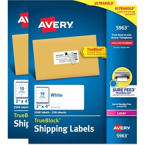 Avery Printable Shipping Labels with Sure Feed, 2″ x 4″ Customizable Stickers, White, 5,000 Blank Mailing Labels, Great for Mailing, Shipping, and More (2-Pack of 5963)
