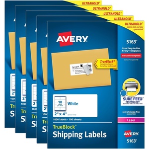 Avery Printable Shipping Labels with Sure Feed, 2″ x 4″ Customizable Stickers, White, 5,000 Blank Mailing Labels, Great for Mailing, Shipping, and More (5-Pack of 5163)