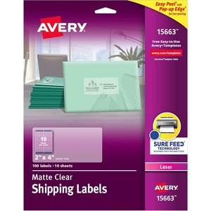 Avery Printable Shipping Labels with Sure Feed, 2″ x 4″, Matte Clear, 100 Blank Mailing Labels (15663)