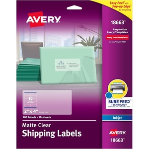 Avery Printable Shipping Labels with Sure Feed, 2″ x 4″, Matte Clear, 100 Blank Mailing Labels (18663)(Label)