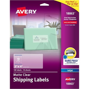 Avery Printable Shipping Labels with Sure Feed, 2″ x 4″, Matte Clear, 100 Blank Mailing Labels (18863)(2″ x 4″)
