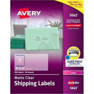 Avery Printable Shipping Labels with Sure Feed, 2″ x 4″, Matte Clear, 500 Blank Mailing Labels (5663)(500 labels)
