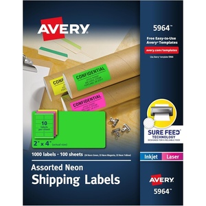 Avery Printable Shipping Labels with Sure Feed, 2″x 4″, Assorted Neon Colors (Magenta, Green, and Yellow), Laser & Inkjet Compatible, 1,000 Blank Labels Total (5964)