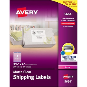 Avery Printable Shipping Labels with Sure Feed, 3-1/3″ x 4″, Matte Clear, 300 Blank Mailing Labels (5664)(3-1/3″ x 4″ (Pack of 5))