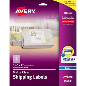 Avery Printable Shipping Labels with Sure Feed, 3-1/3″ x 4″, Matte Clear, 60 Blank Mailing Labels (18664)(1)