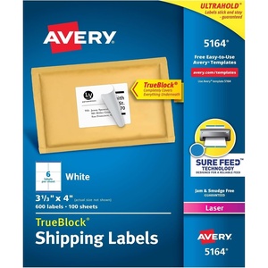 Avery Printable Shipping Labels with Sure Feed, 3-1/3″ x 4″, White, 600 Blank Mailing Labels for Laser Printers (5164)(3-1/3 in. X 4 in. (Pack of 5))