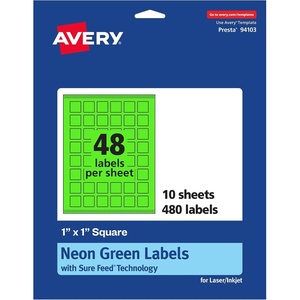 Avery Printable Square Labels, Sure Feed Technology, 1″ x 1″, Neon Green Labels, Print-to-The-Edge, Laser/Inkjet Printable, 480 Total, Great for Soaps and QR Codes(480 labels)