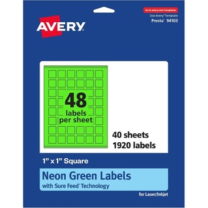 Avery Printable Square Labels, Sure Feed Technology, 1″ x 1″, Neon Green Labels, Print-to-The-Edge, Laser/Inkjet Printable, 480 Total, Great for Soaps and QR Codes(1 920 labels)