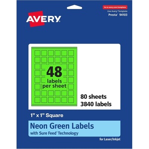 Avery Printable Square Labels, Sure Feed Technology, 1″ x 1″, Neon Green Labels, Print-to-The-Edge, Laser/Inkjet Printable, 480 Total, Great for Soaps and QR Codes(3 840 labels)