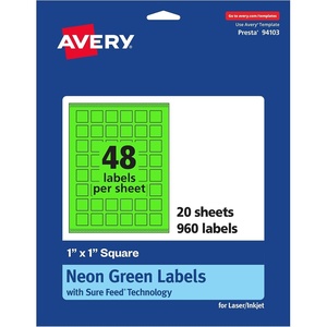 Avery Printable Square Labels, Sure Feed Technology, 1″ x 1″, Neon Green Labels, Print-to-The-Edge, Laser/Inkjet Printable, 480 Total, Great for Soaps and QR Codes(960 labels)