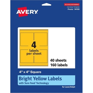 Avery Printable Square Labels, Sure Feed Technology, 4″ x 4″, Bright Yellow Labels, Laser/Inkjet Printable, 40 Total, Great for Packaging and Ingredients(160 labels)