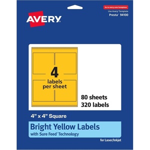 Avery Printable Square Labels, Sure Feed Technology, 4″ x 4″, Bright Yellow Labels, Laser/Inkjet Printable, 40 Total, Great for Packaging and Ingredients(320 labels)