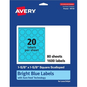 Avery Printable Square Scalloped Labels, Sure Feed Technology, 1-5/8″ x 1-5/8″, Bright Blue Labels, Print-to-The-Edge, Laser/Inkjet Printable, 200 Total, Great for Cosmetics and Jars(1 600 labels)