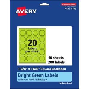 Avery Printable Square Scalloped Labels, Sure Feed Technology, 1-5/8″ x 1-5/8″, Bright Green Labels, Print-to-The-Edge, Laser/Inkjet Printable, 200 Total, Great for Cosmetics and Jars(200 labels)