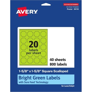 Avery Printable Square Scalloped Labels, Sure Feed Technology, 1-5/8″ x 1-5/8″, Bright Green Labels, Print-to-The-Edge, Laser/Inkjet Printable, 200 Total, Great for Cosmetics and Jars(800 labels)