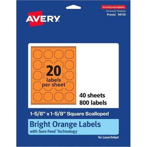 Avery Printable Square Scalloped Labels, Sure Feed Technology, 1-5/8″ x 1-5/8″, Bright Orange Labels, Print-to-The-Edge, Laser/Inkjet Printable, 200 Total, Great for Cosmetics and Jars(800 labels)