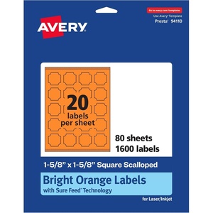 Avery Printable Square Scalloped Labels, Sure Feed Technology, 1-5/8″ x 1-5/8″, Bright Orange Labels, Print-to-The-Edge, Laser/Inkjet Printable, 200 Total, Great for Cosmetics and Jars(1 600 labels)