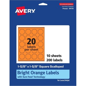 Avery Printable Square Scalloped Labels, Sure Feed Technology, 1-5/8″ x 1-5/8″, Bright Orange Labels, Print-to-The-Edge, Laser/Inkjet Printable, 200 Total, Great for Cosmetics and Jars(200 labels)