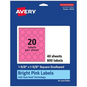 Avery Printable Square Scalloped Labels, Sure Feed Technology, 1-5/8″ x 1-5/8″, Bright Pink Labels, Print-to-The-Edge, Laser/Inkjet Printable, 200 Total, Great for Cosmetics and Jars(800 labels)
