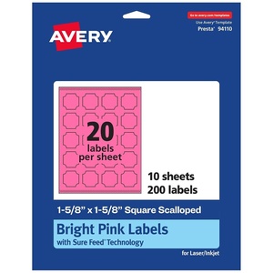 Avery Printable Square Scalloped Labels, Sure Feed Technology, 1-5/8″ x 1-5/8″, Bright Pink Labels, Print-to-The-Edge, Laser/Inkjet Printable, 200 Total, Great for Cosmetics and Jars(200 labels)