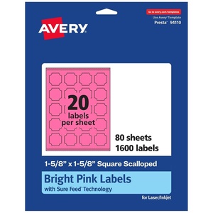 Avery Printable Square Scalloped Labels, Sure Feed Technology, 1-5/8″ x 1-5/8″, Bright Pink Labels, Print-to-The-Edge, Laser/Inkjet Printable, 200 Total, Great for Cosmetics and Jars(1 600 labels)