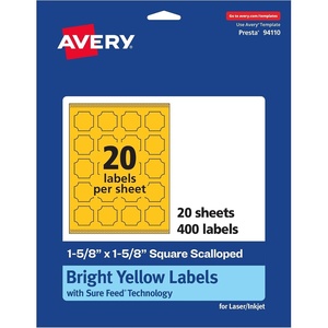 Avery Printable Square Scalloped Labels, Sure Feed Technology, 1-5/8″ x 1-5/8″, Bright Yellow Labels, Print-to-The-Edge, Laser/Inkjet Printable, 200 Total, Great for Cosmetics and Jars(400 labels)