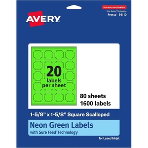 Avery Printable Square Scalloped Labels, Sure Feed Technology, 1-5/8″ x 1-5/8″, Neon Green Labels, Print-to-The-Edge, Laser/Inkjet Printable, 200 Total, Great for Cosmetics and Jars(1 600 labels)