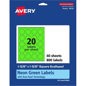 Avery Printable Square Scalloped Labels, Sure Feed Technology, 1-5/8″ x 1-5/8″, Neon Green Labels, Print-to-The-Edge, Laser/Inkjet Printable, 200 Total, Great for Cosmetics and Jars(800 labels)