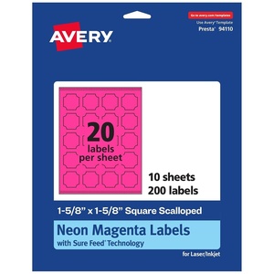Avery Printable Square Scalloped Labels, Sure Feed Technology, 1-5/8″ x 1-5/8″, Neon Magenta Labels, Print-to-The-Edge, Laser/Inkjet Printable, 200 Total, Great for Cosmetics and Jars(200 labels)