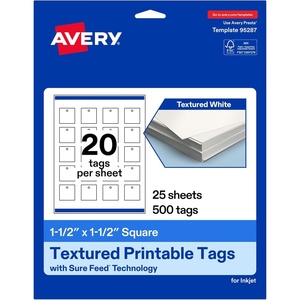 Avery Printable Square Tags, Sure Feed Technology, 1.5″ x 1.5″, Textured Matte White, Print-to-The-Edge Capability, Laser & Inkjet Compatible, 200 Total(500 Tags)