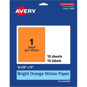 Avery Printable Sticker Paper, 8.5″ x 11″, Matte White, Repositionable Adhesive, Laser/Inkjet Compatible, 5 Full-Size Label Sheets, Great for Product Branding, Cute Stickers, Crafts, and More (53202)(Bright Orange)