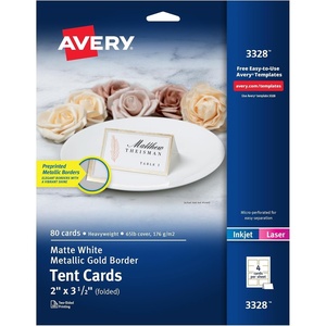 Avery Printable Tent Cards with Sure Feed Technology, 2″ x 3.5″, Matte White, 2-Pack, Total of 320 Blank Place Cards for Laser or Inkjet Printers (5812)(Metallic Gold Border)