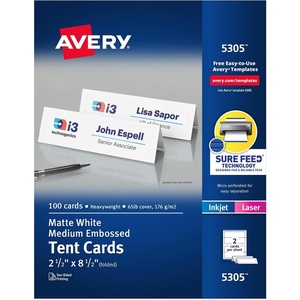 Avery Printable Tent Cards with Sure Feed Technology, 2.5″ x 8.5″, White with Embossed Border, 2-Pack, Total of 200 Blank Place Cards for Laser or Inkjet Printers (25305)(White)