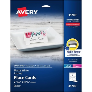 Avery Printable Tent Cards with Sure Feed Technology, 2.5″ x 8.5″, White with Embossed Border, 2-Pack, Total of 200 Blank Place Cards for Laser or Inkjet Printers (25305)(Arched White)