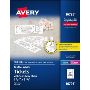 Avery Printable Tickets with Tear-Away Stubs, 1.75″ x 5.5″, Matte White, 500 Blank Tickets for Laser and Inkjet Printers (16795)(Pack of 1)