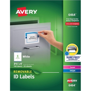 Avery Removable ID Labels, Sure Feed Technology, Removable Adhesive, 3-1/3″ x 4″, 150 Labels (6464)